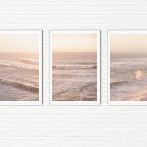 Ocean Waves Photography Prints | Framed Set of 3 Minimalist Pink Orange Sunset Seascape Photos | Three Sea Living Room & Bathroom Wall Art