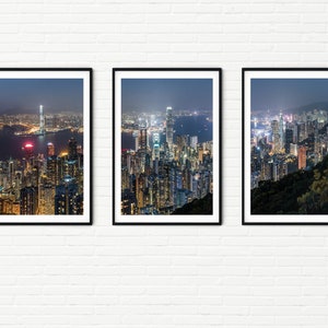 Hong Kong City Skyline at Night | Print Set of 3 Urban Photography Photos | Cityscape Wall Art Travel Photos | Modern Decor Victoria Peak A2