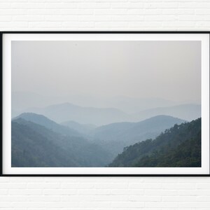 Minimalist Landscape Photography Print of Misty Mountains | Scandinavian Interiors Nature Photo | Minimal Blue Wall Art for Interior Design