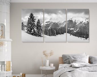 Black and White Mountain Photography Canvas Wall Art | Landscape Nature Photo of Snow Covered Alps Winter Scenery Set of 3 4 5 Piece Panels