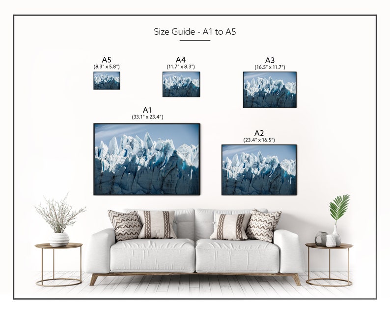 May include: A size guide for prints, showing the different sizes from A5 to A1. The image shows a photo of a glacier with a blue sky in the background. The sizes are listed in inches.