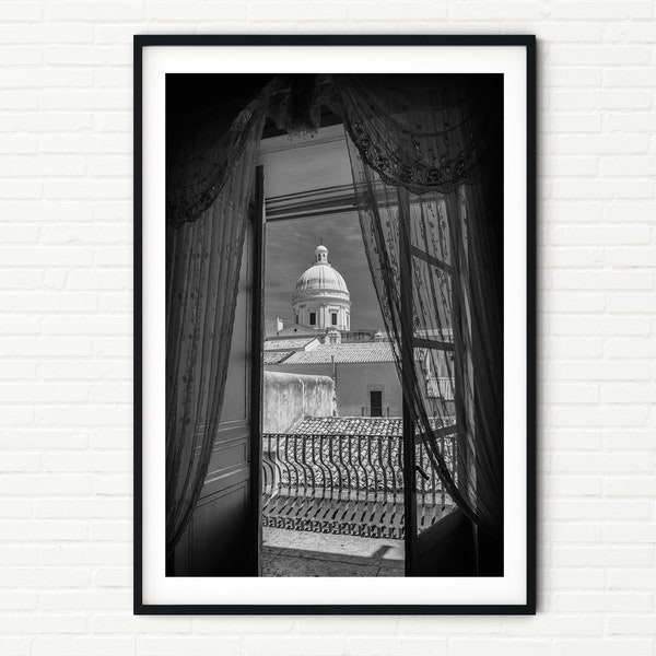 Noto Sicily Italian Architecture Black and White Photo Print A3 | Curtains Framing Cathedral Dome A2 | A4 Travel Prints Kitchen Wall Décor