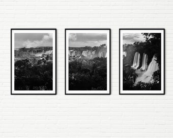 Print Set of 3 Black and White Rainforest & Waterfalls Framed Photos | Nature Wall Art | Iguazu Falls Argentina Jungle Landscape Photography