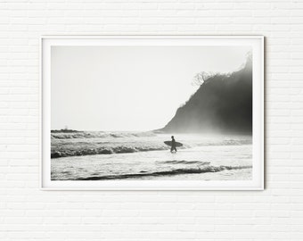 Black and White Surfing Photography Print | Surf Wall Art XL A4 A3 Prints | Surfer & Surfboard in Ocean | Tropical Beach | Surfer Gift Ideas