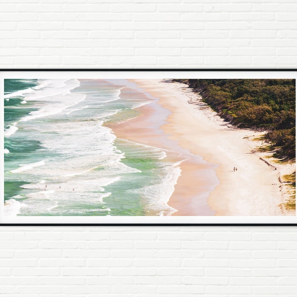 Surfing Photo Panoramic Wall Art | Australia Beautiful Sandy Surf Beach Panorama Print with Surfers | Tropical Coastal Beach House Decor XL