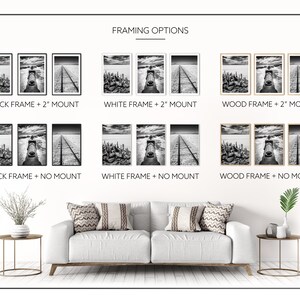 May include: A display of framed art prints in black and white, showcasing a landscape with a pier and railroad tracks. The image presents framing options: black, white, and wood frames, with and without a 2-inch mount. The text "FRAMING OPTIONS" is at the top.