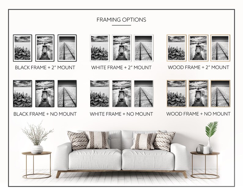 May include: A display of framed art prints in black and white, showcasing a landscape with a pier and railroad tracks. The image presents framing options: black, white, and wood frames, with and without a 2-inch mount. The text "FRAMING OPTIONS" is at the top.