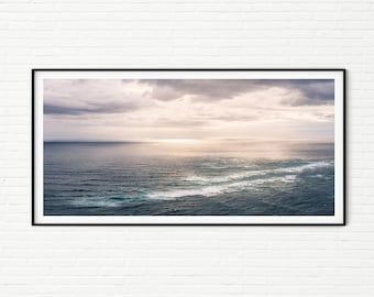 Panoramic Ocean Photography Wall Art | Seascape Panorama Photo Print of Beautiful Sea At Sunset | Framed Minimalist Bathroom Bedroom Decor