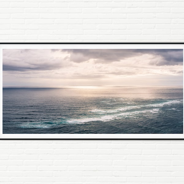 Panoramic Ocean Photography Wall Art | Seascape Panorama Photo Print of Beautiful Sea At Sunset | Framed Minimalist Bathroom Bedroom Decor