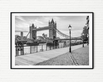 London Photography Print of Tower Bridge | Iconic Framed Black and White Photo | Picture of Famous City Building in England, UK in a Frame
