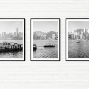 Hong Kong City Skyline Photography Print Set of 3 Travel Photos | Black and White Extra Large Wall Art | Skyscrapers Modern Cities XL Decor