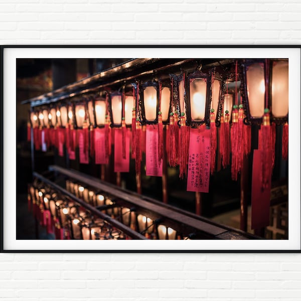 Red Chinese Lanterns Religious Framed Travel Photo Print A3 | Buddhist Temple in Hong Kong China | Spiritual Buddhism Wall Art Photography