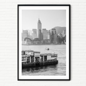 Black and White Hong Kong Travel Photo Print | Famous City Skyline Photography Extra Large Wall Art Modern Cities XL Decor Victoria Harbour