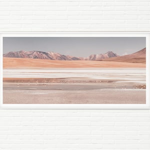 Panoramic Landscape Photo | Soft Pastel Pink Colour Print of Beautiful Scenery & Flamingos | Bolivia Panorama Wall Art Framed or Unframed