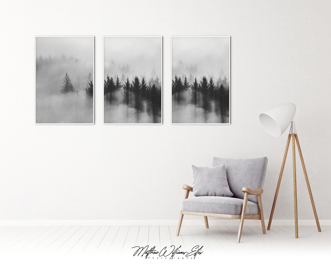 Black and White Misty Forest Nature Prints Framed Set of 3 | Etsy