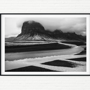 Black and White Iceland Photography Print | Iceland Wall Art | Vik Landscape Photos Prints Home Decor | Mountains & River Scenery A4 A3 Size