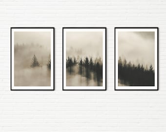 Misty Forest Photography Prints | Print Set of 3 Nature Photos | Scotland Landscape Photo | Minimalist Scandinavian Wall Art A4 A3 Triptych
