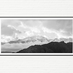 Panoramic Mountain Photo | Black and White Snowy Winter Mountains Photography Print | Minimalist Landscape Panorama Bathroom Wall Art Decor