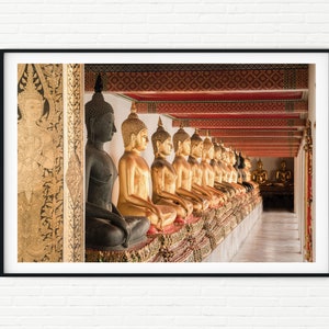 May include: A row of golden Buddha statues sit in a temple, with a single black Buddha statue at the front. The statues are arranged in a line, facing forward, with their hands in a meditative pose. The statues are adorned with intricate details and are set against a backdrop of ornate carvings and red and gold decorations.