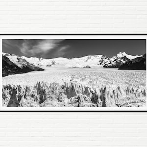 Perito Moreno Glacier Black and White Panoramic Landscape Wall Art of Winter Mountains | Extra Large Framed Argentina Panorama Photo Print