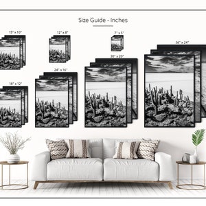 May include: Black and white framed art prints in various sizes, including 15" x 10", 12" x 8", and 7" x 5". The prints depict a desert landscape with cacti. The phrase "Size Guide - Inches" is displayed above the prints.