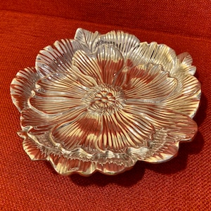 Vintage Fitz & Floyd Silver Polished Flower Dish. Shiny, Non Tarnish Trinket, Candy, Catchall Dish. Collect, Decorate, Gift.