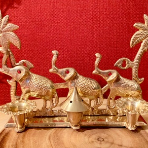 Vintage MCM Brass Candle Holder. Three Trunks Up Lucky Elephants. Mid Century Modern, Home Decor. Unique  Holiday Gift.