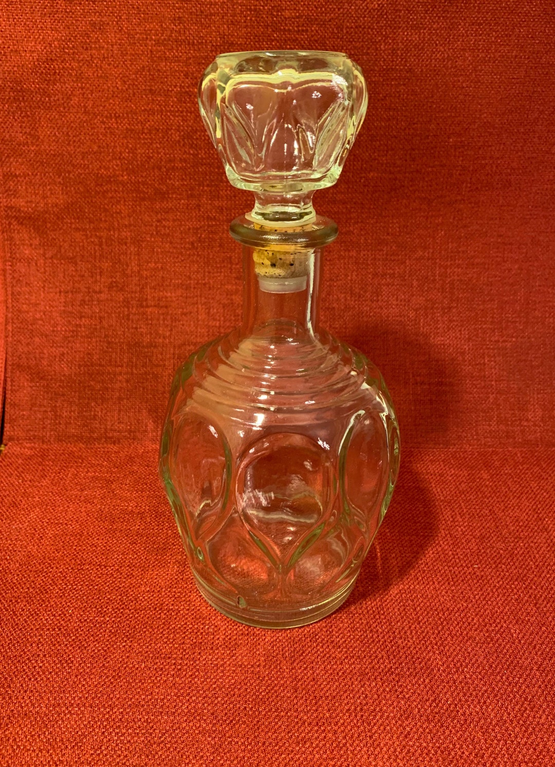 Vintage Glass Decanter. Teardrop, Large Thumbprint Clear Barware. Mid