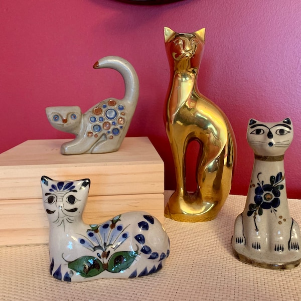Cat Figurines. Brass / Tonala Pottery Cat Statues. Tonala Mexico. MCM, Folk Art, Floral, Butterfly, Red, Blue, Gold. Kitten Collect. Gift.