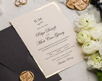 Modern Gold Foil Custom Wedding Invitations - Elegant Set with Stylish Deckle Edge and Black Envelope - Paper invitations