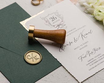 Elegant Wedding Invitation Set - Gold Foil Deckle Edge Invitations with Wax Seal - Minimalist Green Envelope - Modern Wedding Invitation