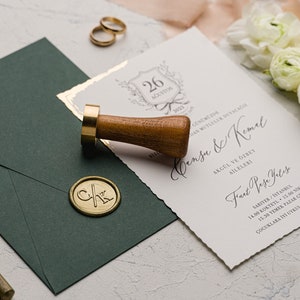 Elegant Wedding Invitation Set - Gold Foil Deckle Edge Invitations with Wax Seal - Minimalist Green Envelope - Modern Wedding Invitation