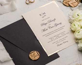 Wedding Invitation -  Gold Foil Deckle Edge Invitations with Wax Seal - Minimalist Black Envelope - Modern Wedding Invitation