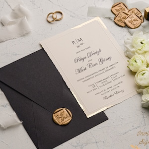 Elegant Wedding Invitation Set of 50 - Gold Foil Deckle Edge Invitations with Wax Seal - Minimalist Black Envelope - Wedding Invitation