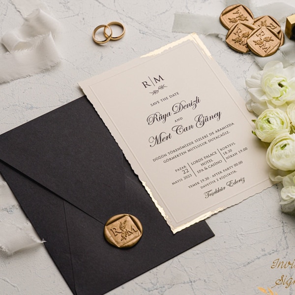 Elegant Wedding Invitation Set -  Gold Foil Deckle Edge Invitations with Wax Seal - Minimalist Black Envelope - Wedding Invitation gigi