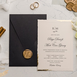 Wedding Invitation Set - Black Invitation Envelope with Custom Gold wax seal - Invitation Card with unique Wavy-cut edges with Gold Foil details