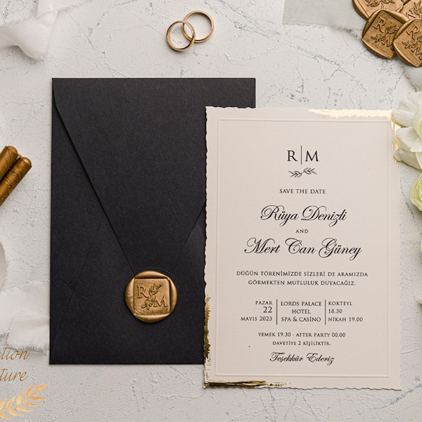 Trendy Design Custom Wedding Invitation - Black Invitation Envelope with Custom wax seal - unique Wavy-cut edges with Gold Foil details