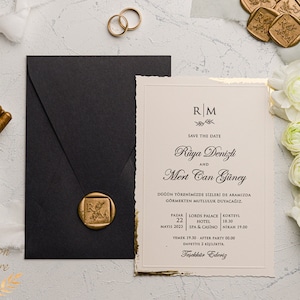 Elegant Wedding Invitation Set -  Gold Foil Deckle Edge Invitations with Wax Seal - Minimalist Black Envelope - Modern Wedding Invitation