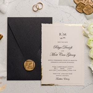 Wedding Invitation Gold Foil with minimalist design custom wax seal black invitation uniqe design