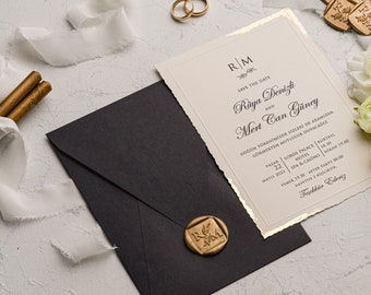 Set Of 50 Wedding Invitation Set - Gold Foil Deckle Edge Invitations with Wax Seal - Minimalist Black Envelope