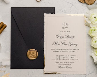 50 pcs Elegant Wedding Invitation Set -  Gold Foil Deckle Edge Invitations with Wax Seal - Minimalist Black Envelope - Modern Invitation