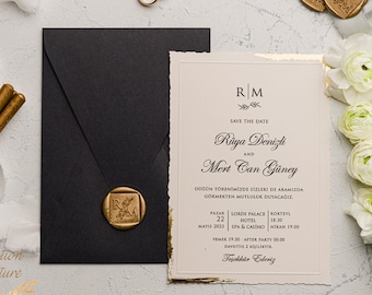 Elegant Wedding Invitation Set -  Gold Foil Deckle Edge Invitations with Wax Seal - Minimalist Black Envelope - Modern Wedding Invitation