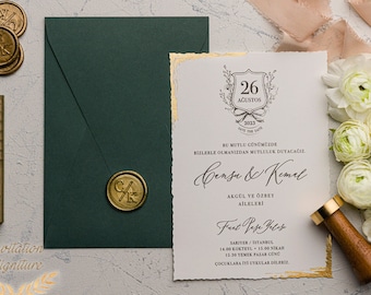 Elegant Wedding Invitation Set - Gold Foil Deckle Edge Invitations with Wax Seal - Minimalist Green Envelope - Modern Wedding Invitation