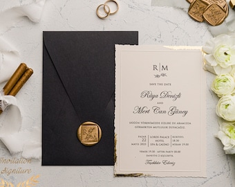 Trendy Design Custom Wedding Invitation - Black Invitation Envelope with Custom wax seal - unique Wavy-cut edges with Gold Foil details