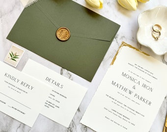 Elegant Wedding Invitation Set with Trendy gold foil wavy cut-edged design, Green Envelope with Custom wax seal, with RSVP and Details card