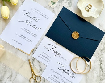 Timeless Wedding Invitation Card Set with Silver Foil edge- Classic Invite Suite with Royal Dark Blue Envelope- with RSVP and Details Card