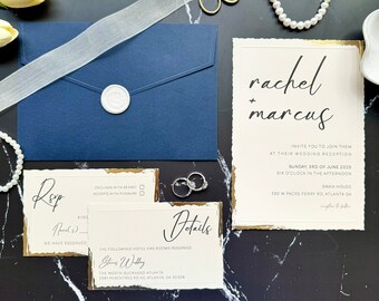 Wedding invitation set with Navy blue envelope, RSVP, Detail Card, and Wax Seal