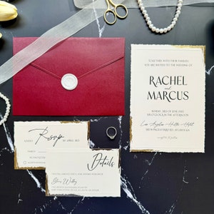 Wedding invite card set with an elegant design, wax seal, Burgundy invitation envelope, RSVP, and details card