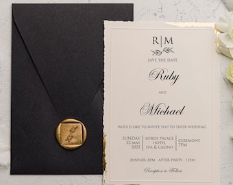DIY Digital Wedding Invitation Template-Printable Invitation-Elegant Wedding Invitation Set - Gold Foil Deckle Edge Invitation with Wax Seal