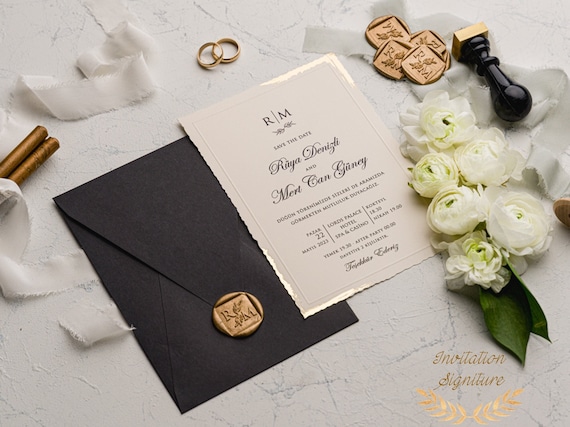 Wedding Invitation, Paper Invitations, Paper Black Invitations, Minimalist  Design, Letter Paper Invitation, Wedding Invitation Set With Wax 